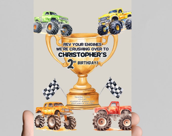 Monster truck theme Birthday Invitation, boom crash it's a monster truck bash! birthday boy, monster trucks, dirt, trucks