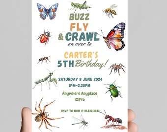 May include: A colorful invitation for a 5th birthday party with a bug theme. The invitation features a variety of insects, including butterflies, ladybugs, ants, and a praying mantis. The text on the invitation reads "Buzz Fly & Crawl on over to Carter's 5th Birthday!"  The invitation also includes the date, time, and location of the party.
