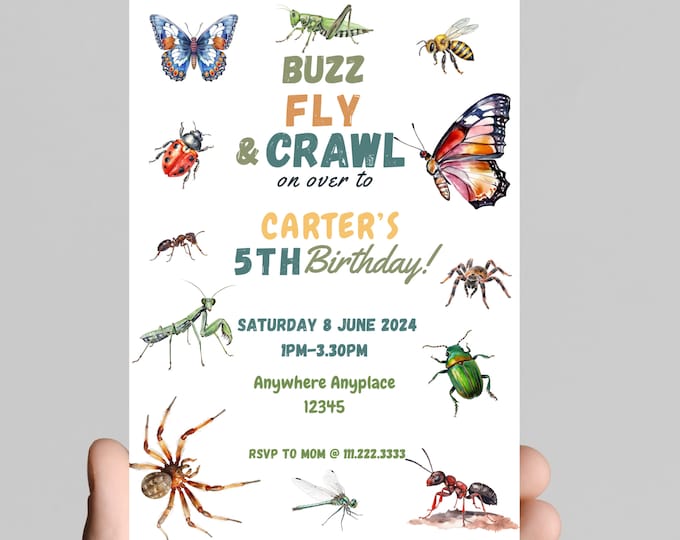Adorable bug and insect theme birthday invitation, buzz fly crawl, bee, butterfly, spider, edit to any age, customize colors