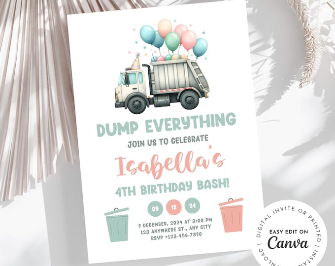 Dump everything, girl Garbage truck theme birthday Invitation garbage truck, 4th birthday, girl birthday recycle truck, Editable printable