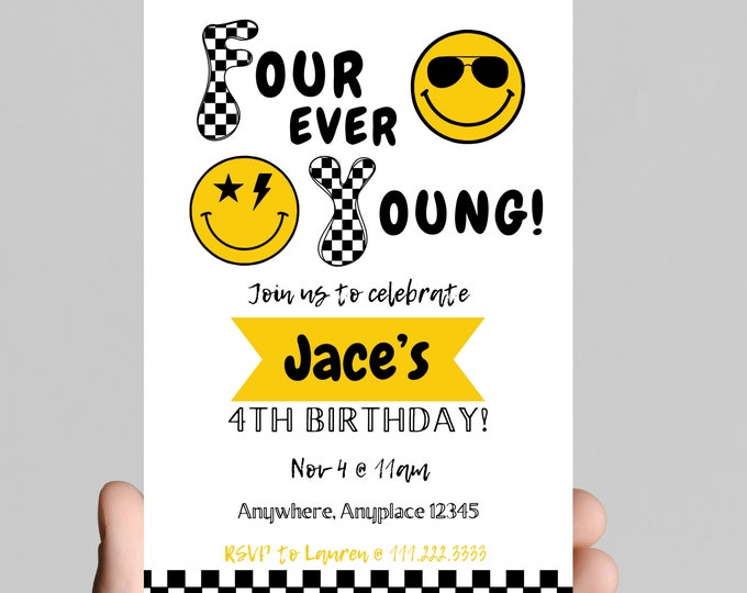 FOUR EVER YOUNG boy 4th birthday party invitation, black and white, smiley face, sunglasses, edit and printable, digital