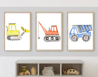 colorful Construction truck boy room or nursery decor, play room wall art, 11x14, set of 3 prints included, customizable, frame not included