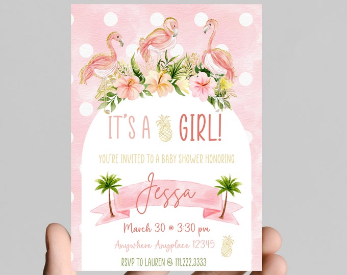 Flamingo theme girl baby shower invitation, pink and gold glitter, tropical, pineapple, come celebrate mom to be