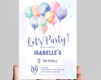 Pastel rainbow birthday invitation, watercolor, little girl birthday party, age customizable