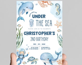 Under the sea theme boy birthday party invitation, blue ocean animals, splish splash, edit to any age, deep sea, ocean
