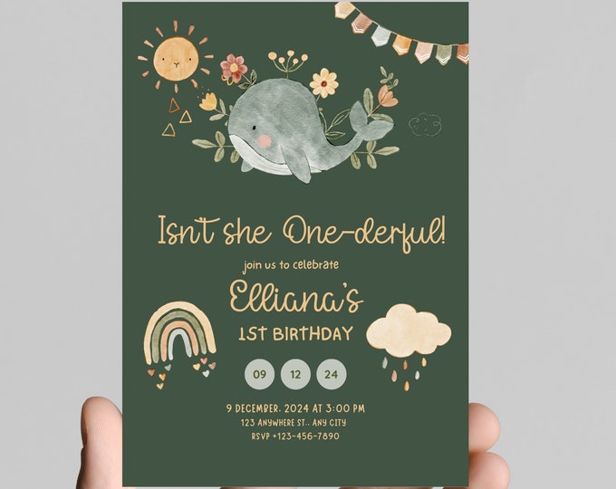 Isn’t she ONE-derful theme 1st birthday party invitation, boho theme, isn’t she wonderful, girl first birthday, printable, digital