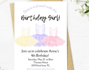 dance and twirl with the birthday girl, ballet theme light pink, purple, yellow tutus themed girl birthday party invitation