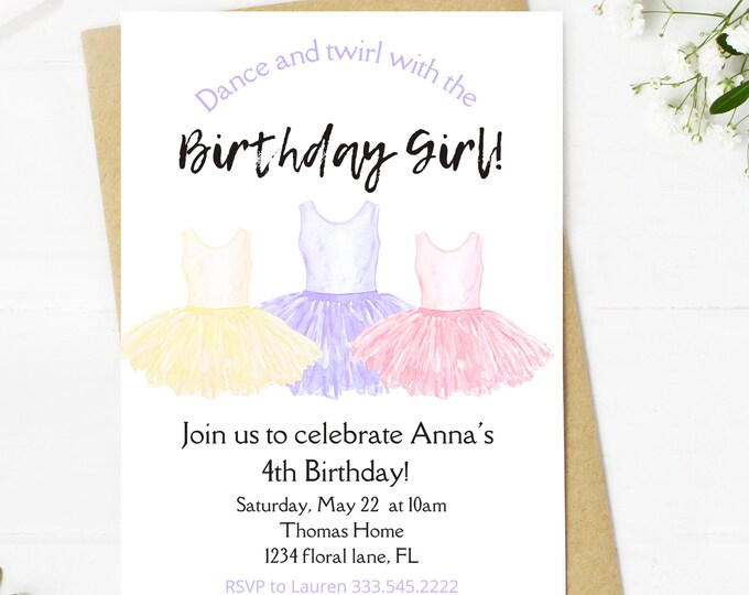 dance and twirl with the birthday girl, ballet theme light pink, purple, yellow tutus themed girl birthday party invitation