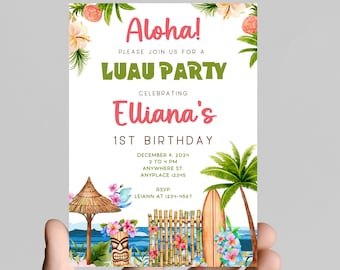 Hawaiian luau theme girl birthday invitation, pink, tropical, age is editable,  digital or printable