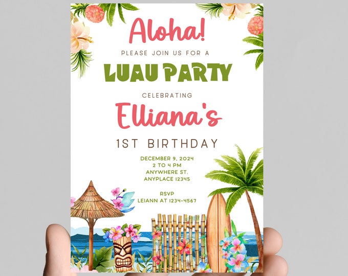 Hawaiian luau theme girl birthday invitation, pink, tropical, age is editable,  digital or printable