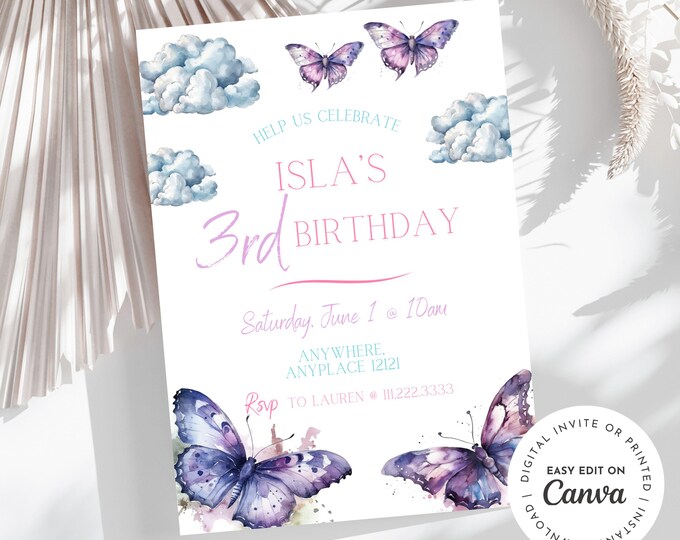 Purple Butterfly Glitter Birthday Invitation for Girls, 3rd birthday party card, printable invitation, instant download, digital, e-invite
