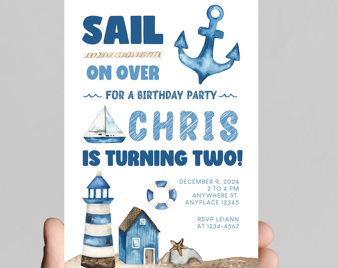 Sail on over nautical themed birthday invitation, nautical theme, sailboat, ocean, beach, anchors, boy birthday