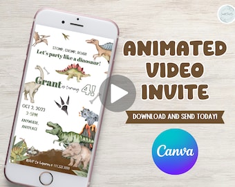 Stomp chomp roar, let’s party like a dinosaur, Dinosaur T-Rex theme birthday party video phone invitation, edit to any age