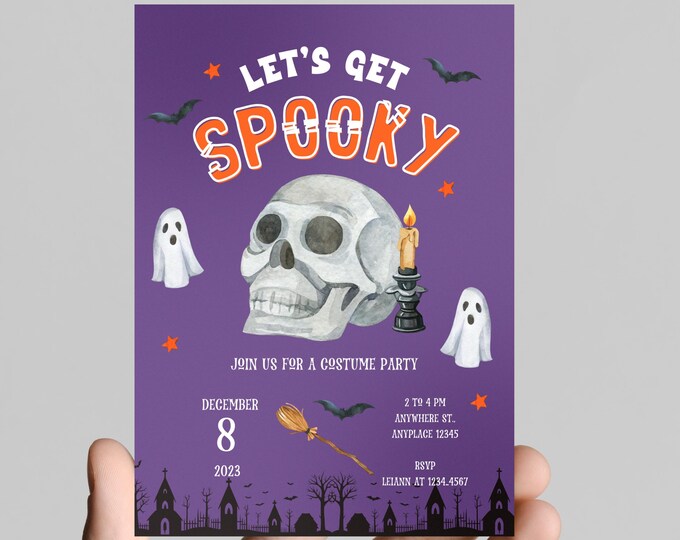 Halloween party invitation, spooky, costumes, pumpkins, spiders, editable, printable, digital