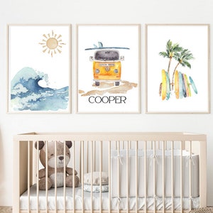 surfing theme coastal beach nursery bedroom decor, PRINTED and shipped 11x14inches, set of 3 printed on matte paper board, NOT framed.