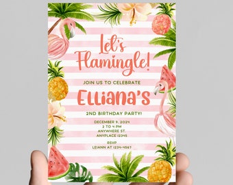 Flamingo Let’s FLAMINGLE theme girl birthday invitation, pink and gold glitter, tropical, pineapple, come celebrate the birthday girl,
