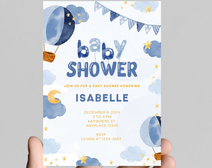 Baby boy baby shower invitation, moon and stars, hot air balloon, A new little one is on the way baby shower, customizable