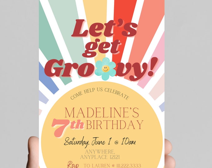 Let’s get groovy, retro, 70’s, throwback, daisy, boho, sun beam, groovy hippie girl birthday invitation themed, edit any age, printable