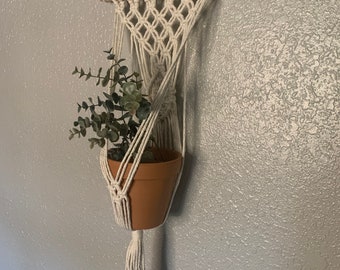 May include: A white macrame plant hanger with a wooden dowel at the top and a terracotta pot with a green plant inside. The hanger has a long tassel at the bottom.