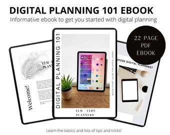 Peut inclure: Une couverture d'ebook de planification numérique avec une image en noir et blanc d'un palmier à gauche, un ordinateur portable avec une application de planificateur numérique ouverte à droite et le texte "DIGITAL PLANNING 101 EBOOK" en haut.
