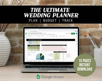 May include: A laptop computer displaying a Google Sheets spreadsheet titled "My Wedding Budget". The spreadsheet includes a pie chart and several columns of data. The laptop is on a wooden desk with a white vase and paintbrushes in a cup.