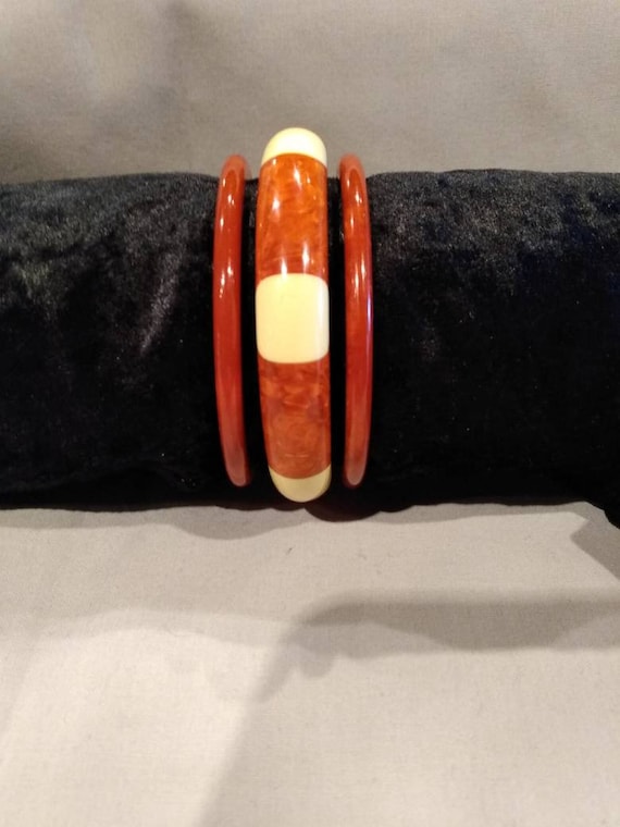 Rusty Orange Thumbnail Polka Dot Bangle with two … - image 2