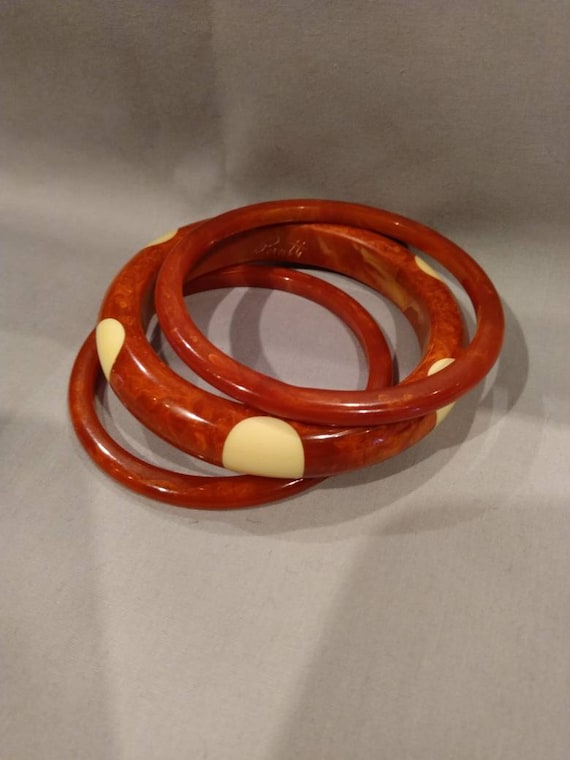 Rusty Orange Thumbnail Polka Dot Bangle with two … - image 1