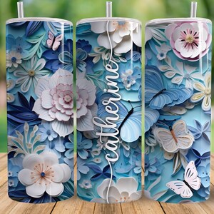Custom Tumbler with Straw, 20 oz Skinny Stainless Steel Personalized Tumbler, 3D Embroidered Pink Floral Flower, Butterfly, Bridesmaid, Gift