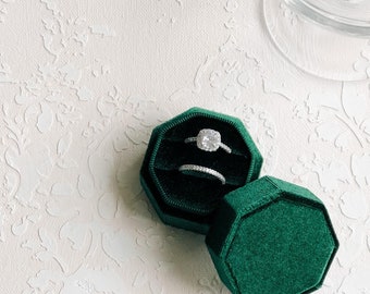 Wedding Ring Box Dark Green ~ Fine Art Photography Flat Lay Styling Props Double Ring, Earrings Velvet Octagonal shape Vintage Style