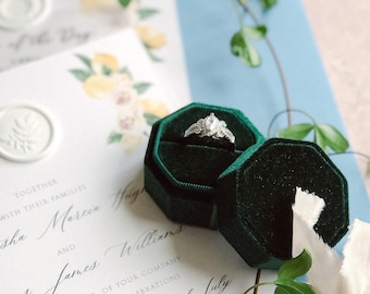 Wedding Ring Box Dark Green ~ Fine Art Photography Flat Lay Styling Props Single Ring, Earrings Velvet Octagonal shape Vintage Style