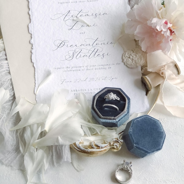 Hochzeit Ring Box Midnight Blue ~ Hochzeitsfotografie Flat Lay Styling Props Doppelring Samt Achteckig Form Vintage Style Light Atelier