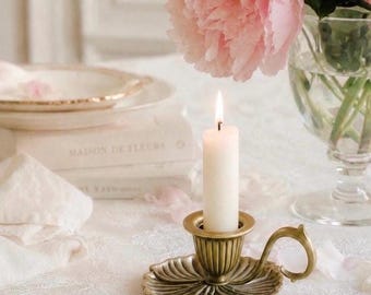 Chamber CANDLESTICK HOLDER with a handle Antique Gold Vintage style trinket dish Coquette, Fairycore, Cottagecore Home Decor gift