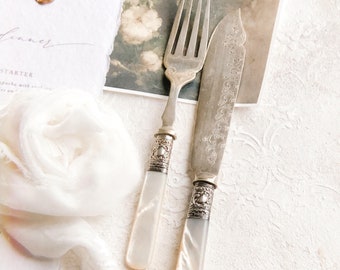 Solid Silver Collars Cutlery Mother of Pearl Flatware ~ Wedding Food Photography Styling Props Vintage Antique Cake Server Fork