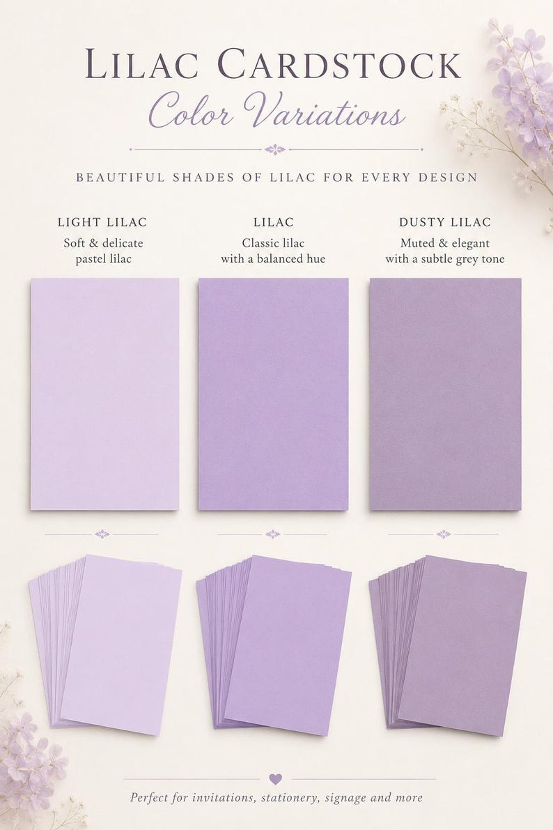 Puede incluir: Una muestra de cartulina color lila con tres pilas de papel rectangular en lila claro, lila y lila polvoriento. El texto dice LILAC CARDSTOCK Color Variations, BEAUTIFUL SHADES OF LILAC FOR EVERY DESIGN, junto con etiquetas para cada tono.