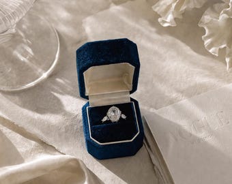 Luxury velvet Proposal Ring Box, Vintage style Dark BLUE colour Single ring, Double ring Wedding ring box