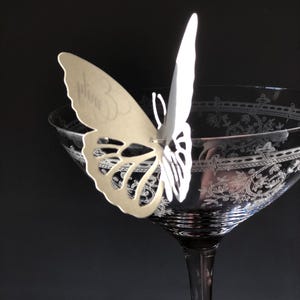 Puede incluir: Una mariposa de papel blanco con el nombre Emily impreso en letra cursiva, posada en el borde de una copa de c&oacute;ctel de cristal transparente con un intrincado patr&oacute;n floral grabado alrededor del cuenco y un tallo fino.
