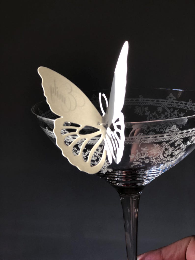 Puede incluir: Una mariposa de papel blanco con el nombre Emily impreso en letra cursiva, posada en el borde de una copa de c&oacute;ctel de cristal transparente con un intrincado patr&oacute;n floral grabado alrededor del cuenco y un tallo fino.
