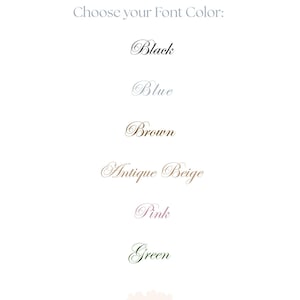 Puede incluir: Una tabla de selecci&oacute;n de colores con el texto Choose your Font Color seguido de una lista de opciones en varios tonos: Black, Blue, Brown, Antique Beige, Pink y Green, cada uno escrito en letra cursiva. En la parte inferior aparece LIGHT ATELIER.