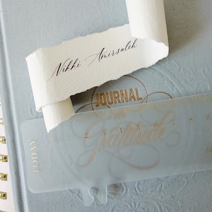 May include: A light blue journal with gold embossed text and a translucent plastic ruler showing a measurement of 8 cm by 2 cm. A white paper scroll with deckled edges features the black printed name Nikki Amirsaleh in script font.