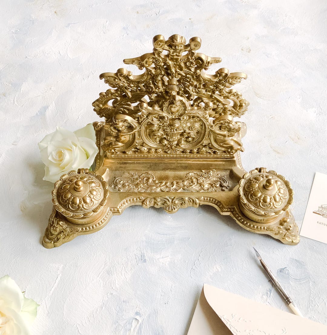 LARGE Antique Brass Inkwell Letter Rack Calligraphy Ink Dip Pen Wedding ...