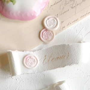 Juego de 10 sellos de cera pequeños Etiquetas con nombre de caligrafía de rosas blancas y rosas Invitaciones de boda Cumpleaños de niñas recién nacidas Papelería Sobres