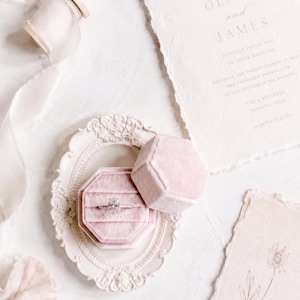 Triple Ring Box, Dusky Pink Soft Velvet 3 slots Engagement rings Fine Art Wedding Photography Flat lay Props Octagonal shape Vintage antique
