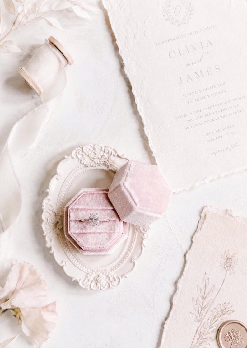 Triple Ring Box, Dusky Pink Soft Velvet 3 slots Engagement rings Fine Art Wedding Photography Flat lay Props Octagonal shape Vintage antique