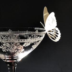 Puede incluir: Una copa de c&oacute;ctel de cristal transparente con un intrincado patr&oacute;n floral blanco grabado en el borde. Una mariposa de papel blanco con el nombre Emily impreso en cursiva est&aacute; sujeta al borde de la copa sobre un fondo negro.