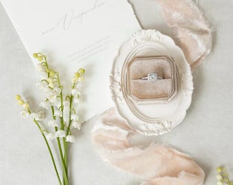 Single RING BOX, Soft Natural Beige Velvet Square shape ~ Fine Art Wedding Photography Flat Lay Styling Props Earrings Vintage Style Neutral