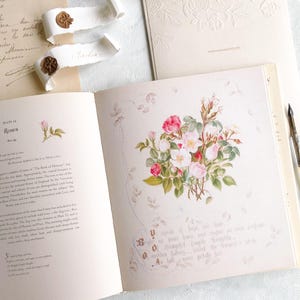 Victorian Lady Book with beautiful Botanical Flowers Illustrations Fine Art Wedding Photography FlatLay Styling Props Journaling Invitations