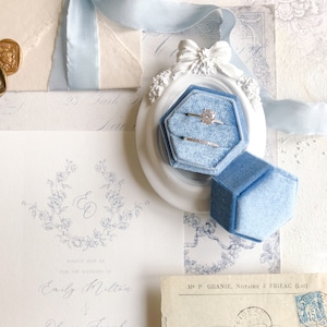 May include: A hexagonal light blue velvet ring box containing two silver-toned rings with clear stones, resting on a white oval frame with a bow detail, positioned next to a wedding invitation with floral illustrations and the names Emily Milton and Oliver Frank.
