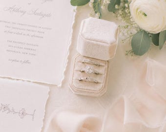 Wedding Ring Box Triple Ring, Three slots CREAM / Beige colour Vintage style Proposal Ring box