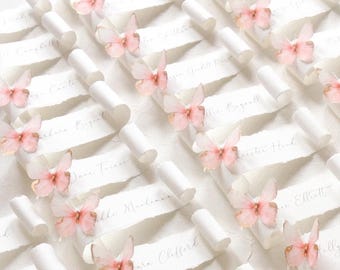 Butterfly Scrolls Wedding PLACE CARDS, Deckle edge torn Vintage calligraphy name placements Birthday Garden Party Bridal Baby Shower