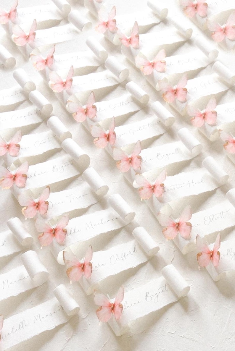 Wedding Place cards. Butterfly scrolls place cards, calligraphy names handmade paper. Birthday, Garden party, Baby shower, Bridal shower, Botanical themed